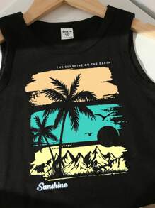 SHEIN Young Boy Cool & Stylish Tropical Graphic Print Sleeveless Tank Top, Suitable For Summer Vacation, Beach, Outdoor Activities - Black - View 5