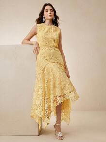 Anewsta Spring/Summer Elegant Romantic Chic High-End Water Soluble Floral Patchwork Asymmetrical Hem Yellow Dress - Yellow - View 6