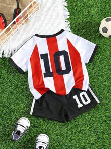 SHEIN Set de 2 piezas Conjunto de jersey deportivo a rayas y pantalones cortos para bebé, estilo deportivo para niños y niñas bebés, adecuado para interior, exterior, diario, deportes, juego, fiesta, sesión de fotos, vacaciones, partido, primavera/verano