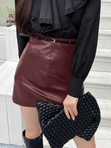 DAZY Women Solid Color PU Leather Short Wrap Skirt, All Season,Back To School Clothes Fall Skirts - Burgundy - View 2