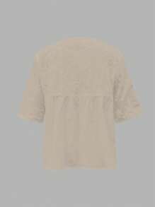 EMERY ROSE Blusa de verano sólida, casual y versátil con cuello redondo y volantes en el dobladillo - Caqui - Ver 2