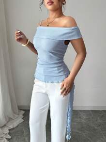 Elenzga 春夏毕业季新款单肩不对称荷叶边下摆修身女士T恤 - 藍色 - 查看 3