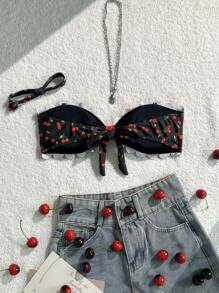 Swim Mod Women's Sweet Cherry Print Ruffled Trim Beach Halter Swimwear Top, Summer - Multicolor - View 6