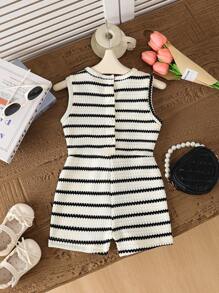 SHEIN Young Girls Casual Round Neck Stripe Jumpsuit, New Spring/Summer Collection
