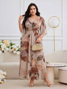 Modelyn Plus Size Women Summer Vacation Floral Print V-Neck Flare Sleeve Ruffle Waist Maxi Dress - Multicolor - View 4