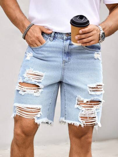 Manfinity LEGND Pantalones cortos de mezclilla casuales con diseño de bolsillos desgastados, de moda para hombres, para verano