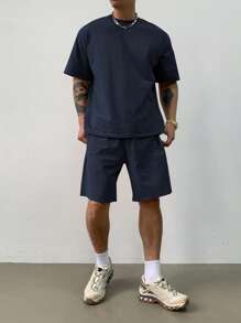 DAZY Bộ áo phông và quần short xanh navy trơn mùa hè cho nam, trang phục ấm áp - Màu xanh hải quân - Xem 3