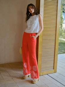 MOTF STUDIO EMBROIDERY DETAIL SLANT POCKET WIDE LEG SUIT PANTS - Orange - View 4