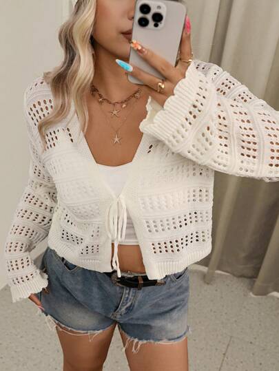 Freevana Cárdigan corto de punto calado de unicolor informal para vacaciones en talla grande para mujer, blusa de manga larga