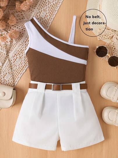 2 件装婴儿/女婴休闲通勤撞色不对称吊带背心上衣和短裤套装，夏季