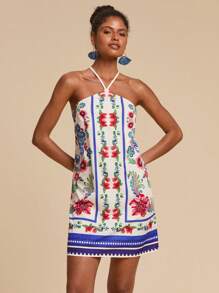 Travachic 女式复古印花系带露背迷你吊带裙、度假风格、编织图案印花、女士休闲夏季度假装、波西米亚海滩度假装、波西米亚风时尚、节日装、女士沙滩装、女士夏季装、毕业装、夏季太阳裙、女士生日礼服、海滩必备品、茶会礼服、7 月 4 日女士装、俱乐部装、露肩