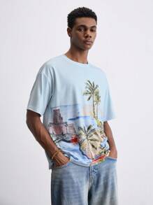 Maija 2025 Sommer Neu Tropischer Regenwald Hawaii Resort Stil Palmenbaum Muster Rundhals Kurzarm Pullover Herren T-Shirt, modern elegant lässig Büro Pendeln Alltagstragen, passend für Hochzeitsgäste, Angestellte, Flughafen, Strandurlaub, Konzert, Party und andere Anlässe