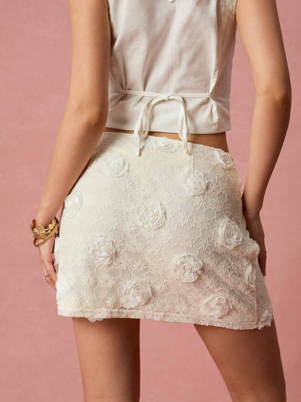 Enchnt Women's White Flower 3D Rose Embroidered Lace Bowknot Mini Skirt, Sweet&Elegant Summer Skirt For Vacation,Holiday,Boho Fashionable Party Date