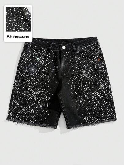 Street Life بنطلون جينز قصير عادي مرصع بالكريستال مع حافة مبتورة للرجال