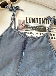 SHEIN Tween Girls Summer Boho Comfortable Simple Base Bowknot Loose Fit Blue Denim Jumpsuit Overalls Shorts For Tween Girl Clothes Girls Costume Dailywear And Girls Summer And Spring Clothes - Medium Wash - View 5