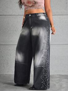 SHEIN ICON Plus Size Women's Fashionable Acid Wash Print Wide-Leg Jeans - Black - View 3