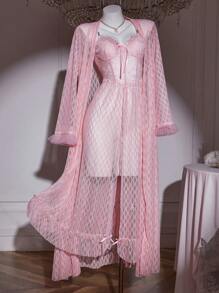 SHEIN 2pcs Set: 3D Mesh Long Sleeve Asymmetrical Diamond Jacquard Robe + Fish Bone Line Waist Lace Patchwork Asymmetrical Jacquard Nightgown - Baby Pink - View 8