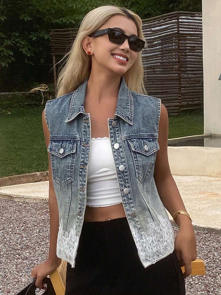 Women's Summer Lace Splice Sleeveless Short Denim Vest Cardigan Jacket, Casual Denim Crop Top For Young Girl,Back To School Clothes