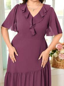 Modelyn Women's Plus Size Chiffon Solid Color Short Sleeve Ruffle Collar Dress - Purple - View 6