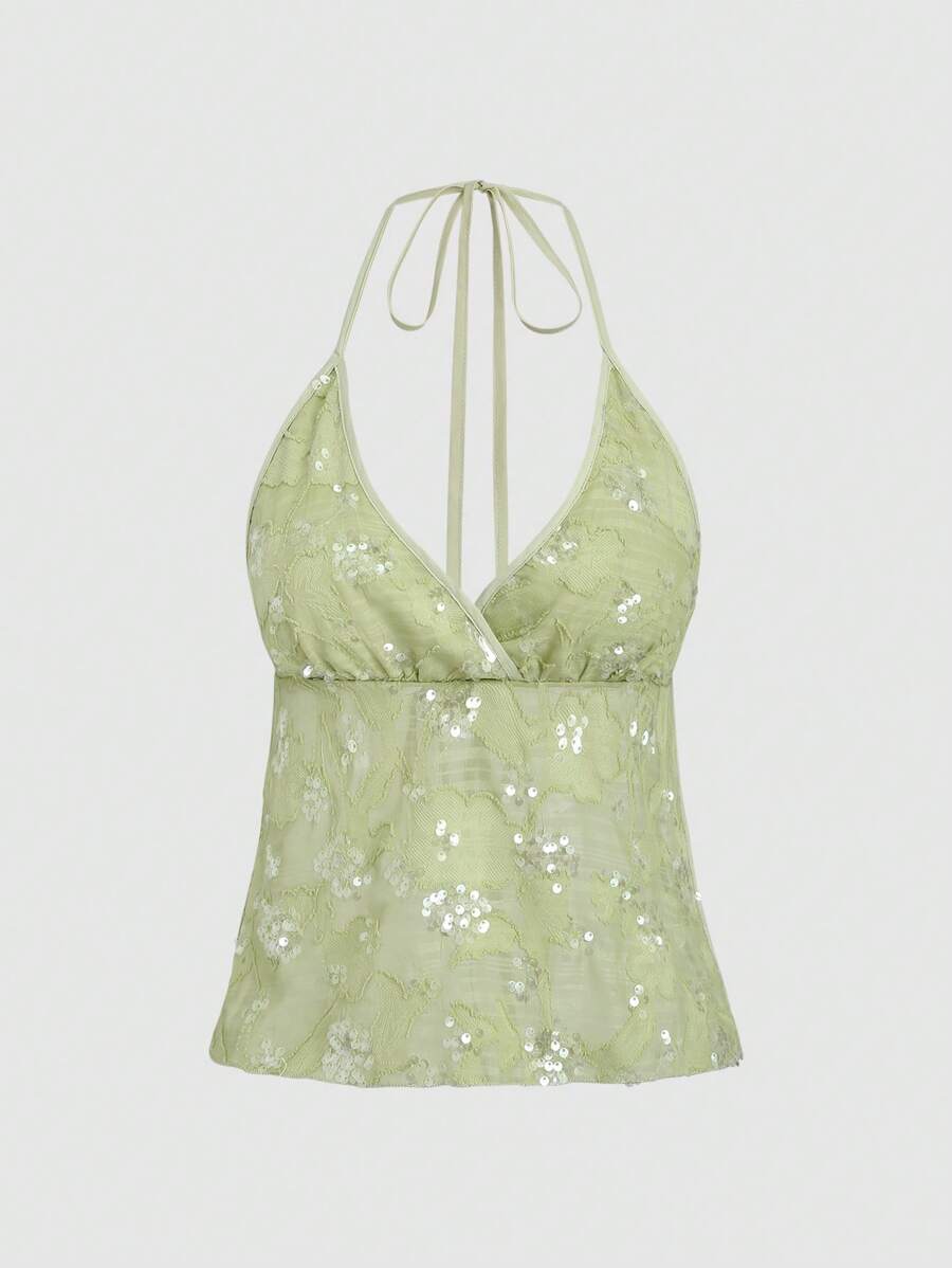 Sweetra Women's Short Sequins Embroidered Green Halter Neck Midriff Baring Versatile Tank Top - Green - View 1