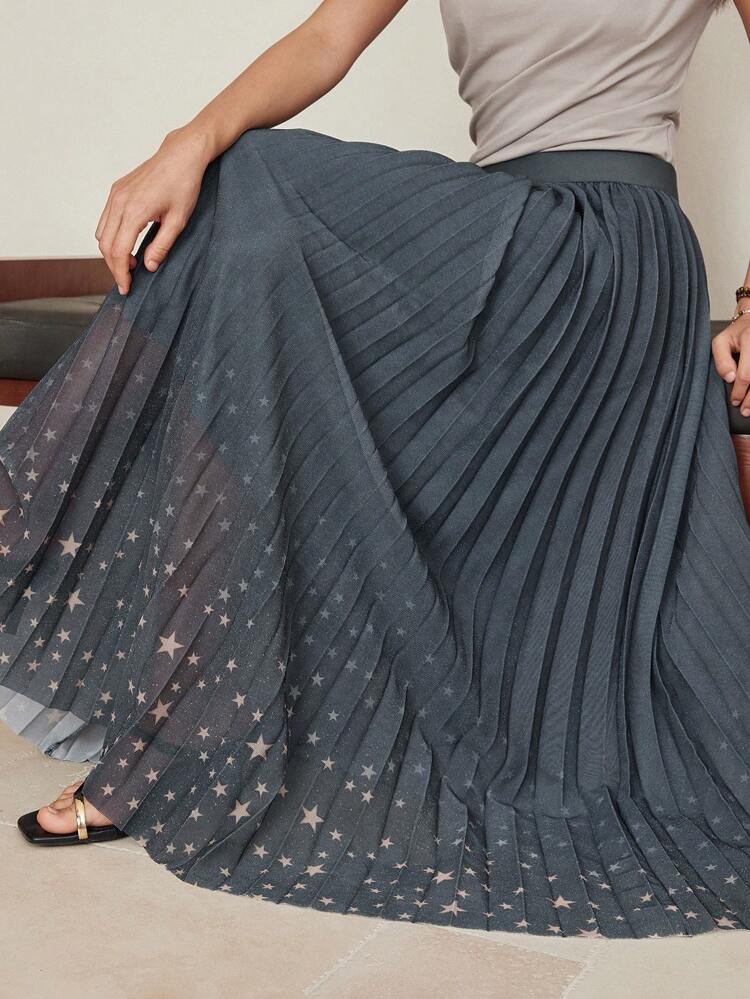 Women's Elegant Pleated Sequin Star Print Cocktail Party, Wedding, Graduation Occasion Skirt Fall Skirts Business Casual Woman