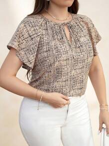 Chikora Plus Size Chic Lace-Up Neckline Ruffle Sleeve Casual Short Sleeve Shirt For Daily Wear In Spring And Summer