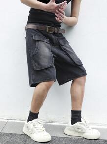 Manfinity EMRG Short de mezclilla para hombres con bolsillos grandes, cargo holgado, color negro liso para salir, estilo rapero (jorts) - Negro - Ver 4
