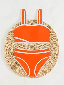 Conjunto de bikini minimalista de 2 piezas con doble tira, en colores blanco y negro, adecuado para nadar y la playa - Naranja - Ver 3