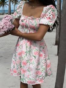 SHEIN EZwear Tea Party Dress Pink Short Romantic Embroidered Summer Dress Island Vacation Beach Dress - White - View 7