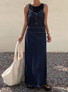 Đầm denim nữ cổ chữ V, dây mảnh, eo thon, đầm maxi mùa hè. - Màu xanh lam - Xem 5