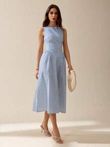 SHEIN Tall Crewneck Sleeveless Smocked Waist Flared Striped Midi Dress, Cotton Material For Casual Summer Holiday Elegant Outing, Blue And White Summer Dresses For Women Vacation Outfits Woman Beach Outfits For Woman Dresses For Women Elegant Sundress Business Casual Woman - Blue and White - View 7