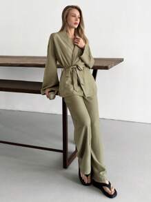 EURMUSE Conjunto de dos piezas de lino elegante con detalle de nudo de manga larga color caqui verdoso para mujer - Verde militar - Ver 7