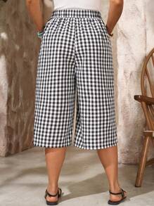 EMERY ROSE Pantalones capri de lino holgados y casuales a cuadros negros y blancos con bolsillos dobles para mujeres de talla grande, adecuados para primavera/verano, uso bohemio y occidental, para conciertos de música country y estilo campestre - Blanco y Negro - Ver 2