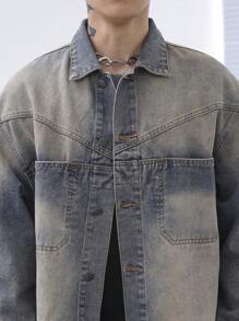 Claim Dot Plus Size Men Gradient Color Patch Pocket Front Button Long Sleeve Denim Jacket, Fall - Light Wash - View 6