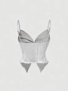 SHEIN MOD 女式夏季街头风格金属面料音乐节扭纹前短款不对称下摆上衣 - 白色 - 查看 2