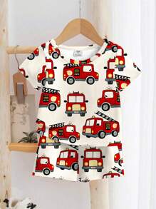 SHEIN 2pcs/Set Young Boy Fire Engine Pattern Loose Casual Pajama Set Boys Firetruck Pajamas Toddler Firetruck Pajamas Boys Short Sleeve Pajamas Toddler Sleepwear Boys Sleepwear - Multicolor - View 2