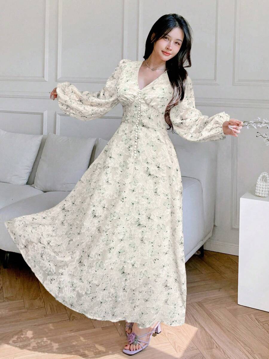 Modelyn Damen Frühlings-/Sommerkleid mit vollem Schmetterlings-Jacquard-Muster, V-Ausschnitt, Laternenärmeln und geraffter Taille