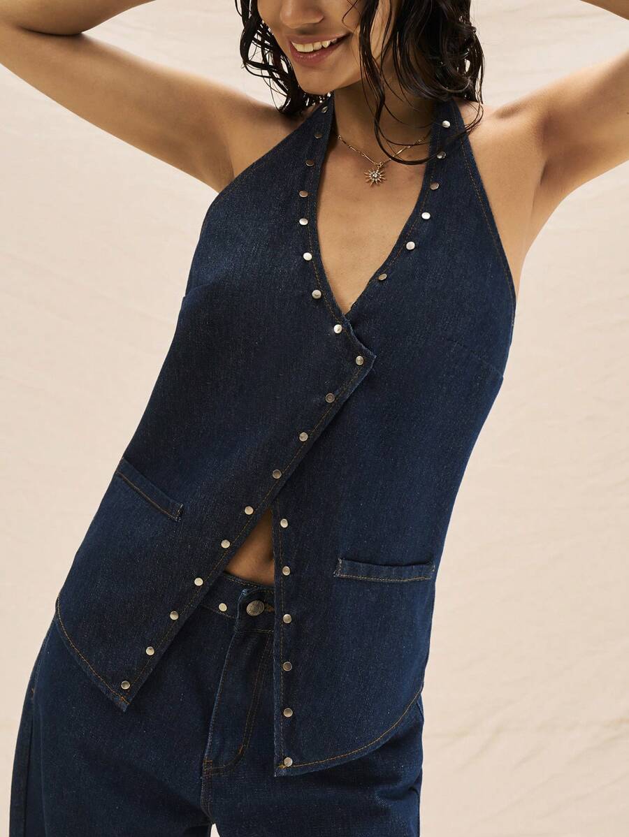 Easelle 海军蓝牛仔露背上衣，适合夏季西部牛仔女郎，适合夜间外出 - 藍色 - 查看 1