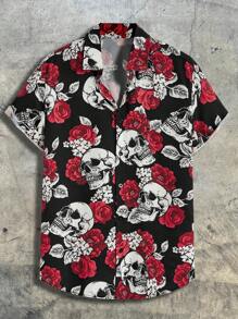 AXEPEAK 男士万圣节花卉骷髅印花衬衫，街头风格 - 彩色 - 查看 1
