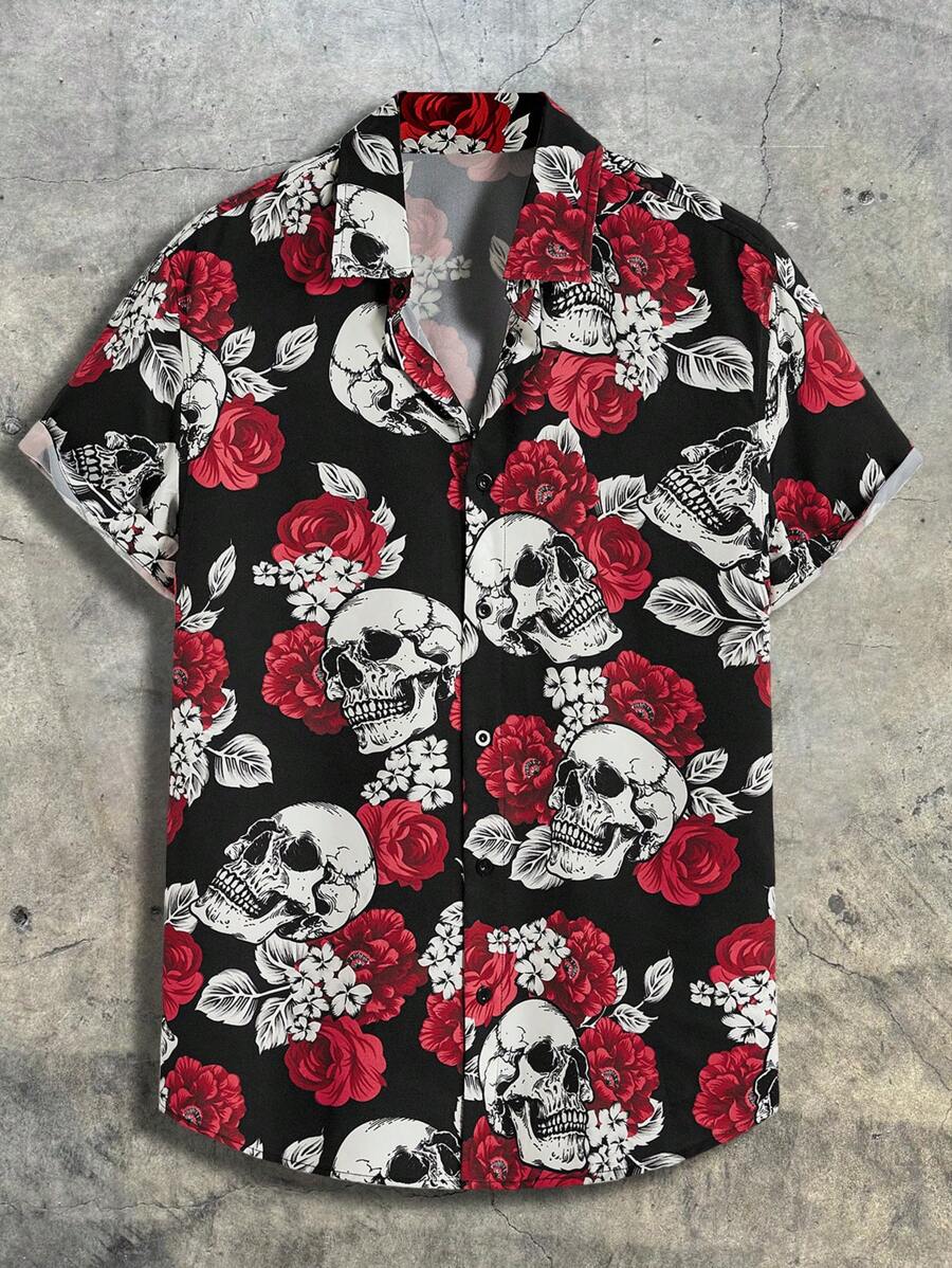AXEPEAK 男士万圣节花卉骷髅印花衬衫，街头风格 - 彩色 - 查看 1