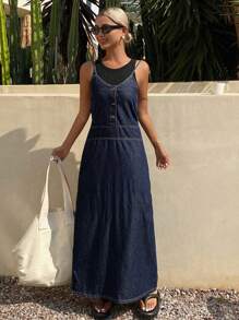 Đầm denim nữ cổ chữ V, dây mảnh, eo thon, đầm maxi mùa hè. - Màu xanh lam - Xem 3