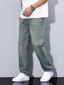 Manfinity Homme Men's Plus Size Straight Leg Loose Casual Pockets Jeans Streetwear Men Jeans Man Clothes Men Jeans