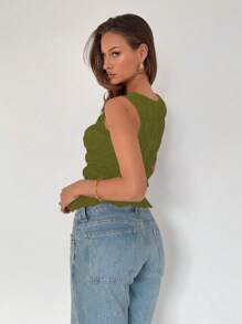 Roylia Green Crew Neck Pleated, Ruffle Hem, Sleeveless Fitted Women Tank Top - Army Green - View 2