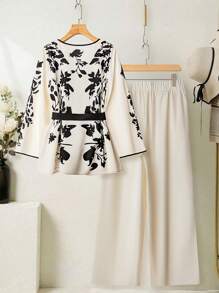 Modelyn Plus Size Long Sleeve Tie Front Shirt And Solid Color Pants 2 Pieces Set