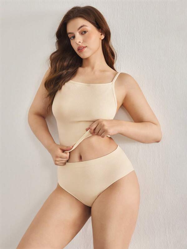 Ocili Ocili Leisure 2pcs Seamless Ribbed Wireless Comfortable Camisole & Triangle Panty Set, Plus Size Lingerie