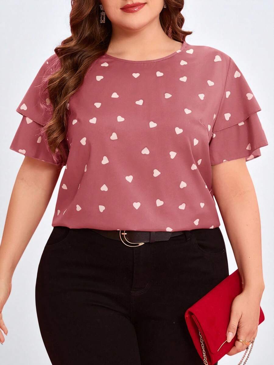 Reflora Blusa de manga corta con cuello redondo y volantes con estampado de corazón para mujer de talla grande - Rosa - Ver 1