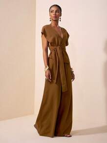 Zivah New Summer Leisure Elegant Vacation Daily Date Birthday Party Commuter Slouchy Feeling European And American Retro Deep V-Neck Sexy Cap Sleeve Raglan Sleeve Waist Bowknot Top + Wide Leg Pants Ultra-Long Pants Brown Textured Wrinkled Cloth Women's Two Pieces Set-A Elegant Two Pieces Set Brown Two Pieces Set Dressy Two Pieces Set Brown Two Pieces Set Women Women Brown Summer Set - Brown - View 4