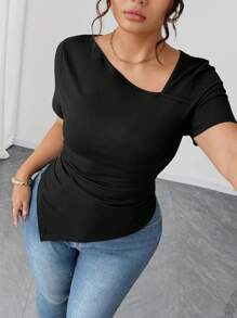 Elenzga Plus Size Women Short Sleeve Asymmetrical Collar Design T-Shirt, Fashionable High-End Versatile Casual Slim-Fit Top Suitable For Spring/Summer - Black - View 6