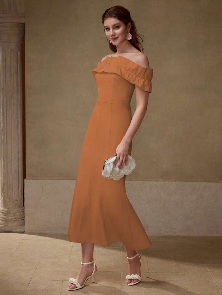 ELEGANT & FASHIONABLE OFF SHOULDER MERMAID HEM MIDI DRESS FOR WOMEN