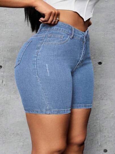 SHEIN SXY 大码弹力牛仔短裤，休闲紧身，适合春夏季